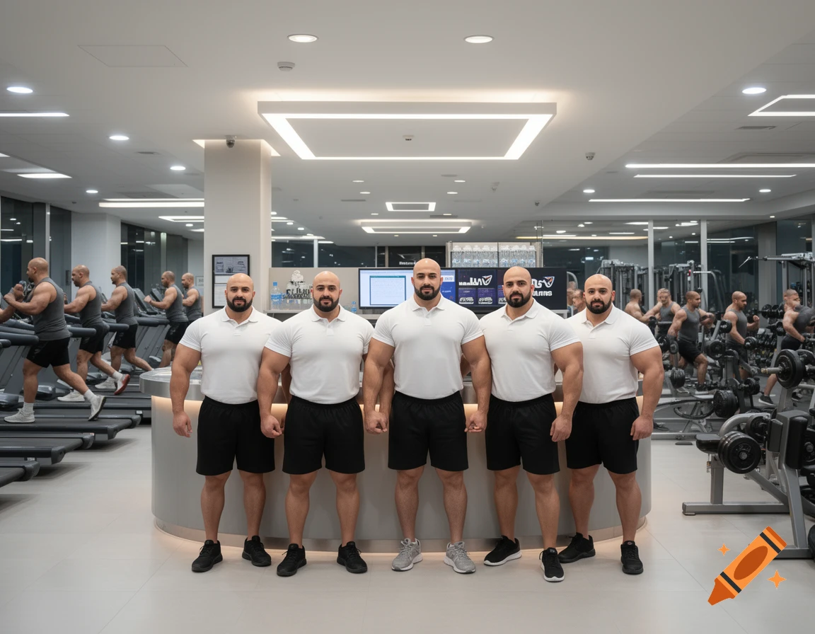 Photorealistic image of five identical bald bodybuilders wearing white polo shirts and black shorts standing in a gym.