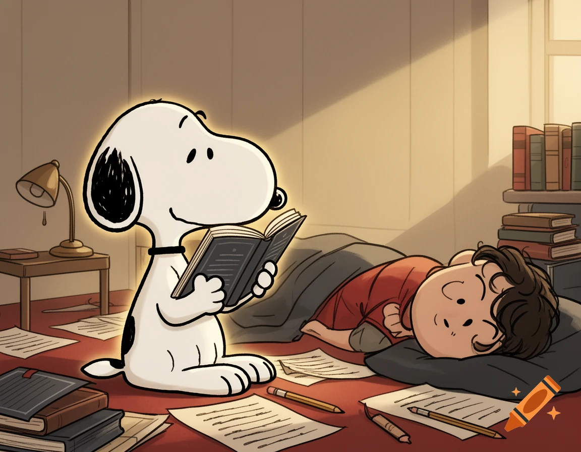 Snoopy reading a book while a boy sleeps nearby in a cozy room, illustrated in cartoon style.