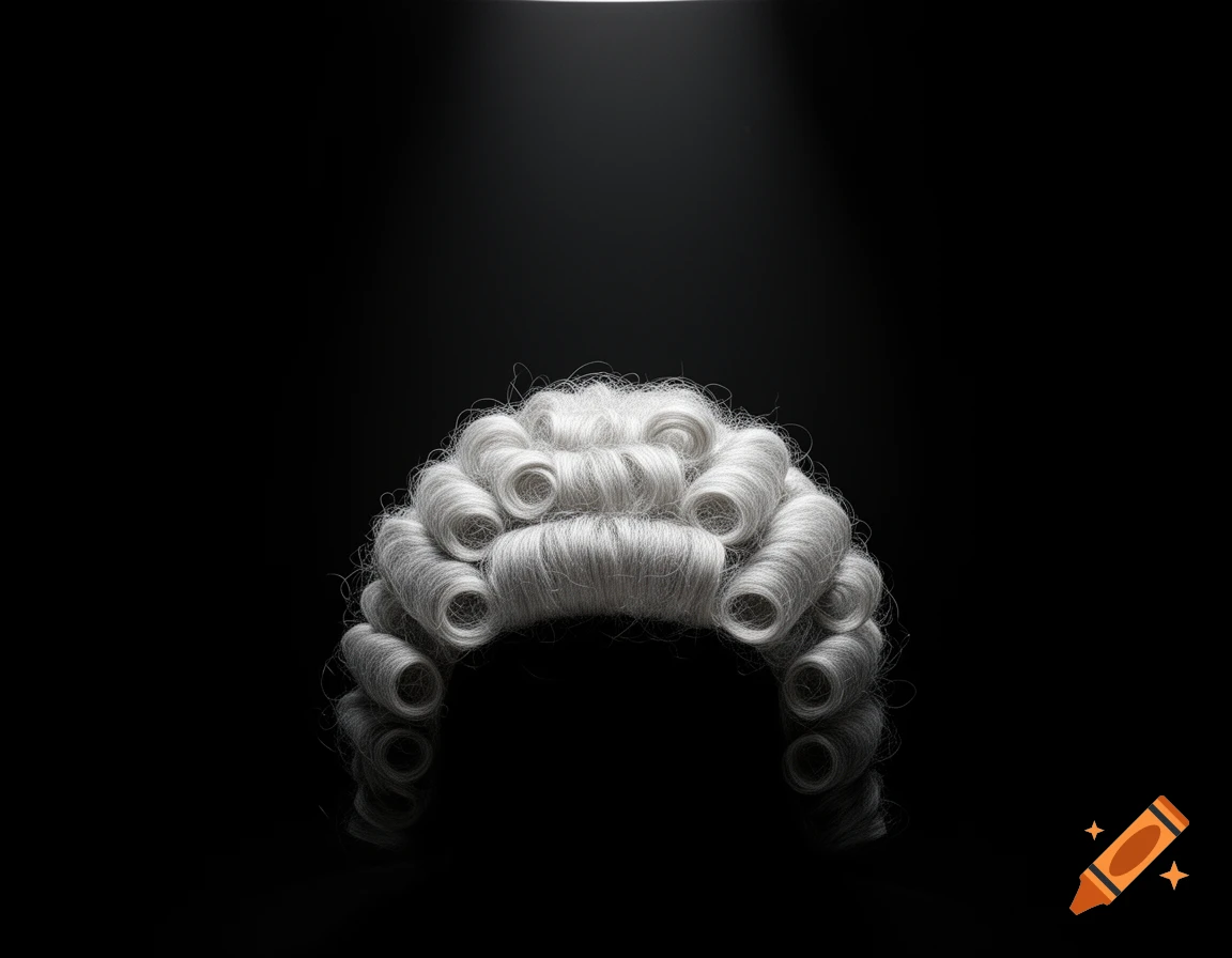 A traditional white barrister wig illuminated by a single spotlight against a solid black background.