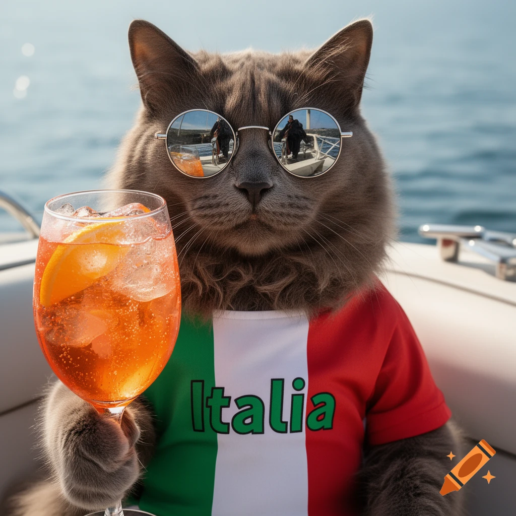 Photorealistic image of a gray cat wearing round sunglasses and an Italian flag shirt, holding an Aperol Spritz on a boat.