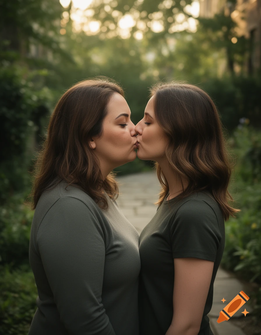 Photorealistic image of two women with brown hair kissing in a park setting with trees and a stone path.