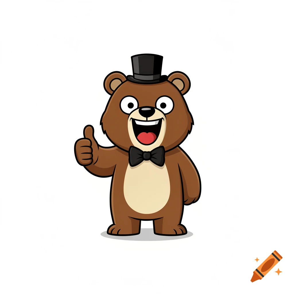 2D vector cartoon mascot of a brown bear wearing a tiny top hat and bowtie, giving a thumbs-up.