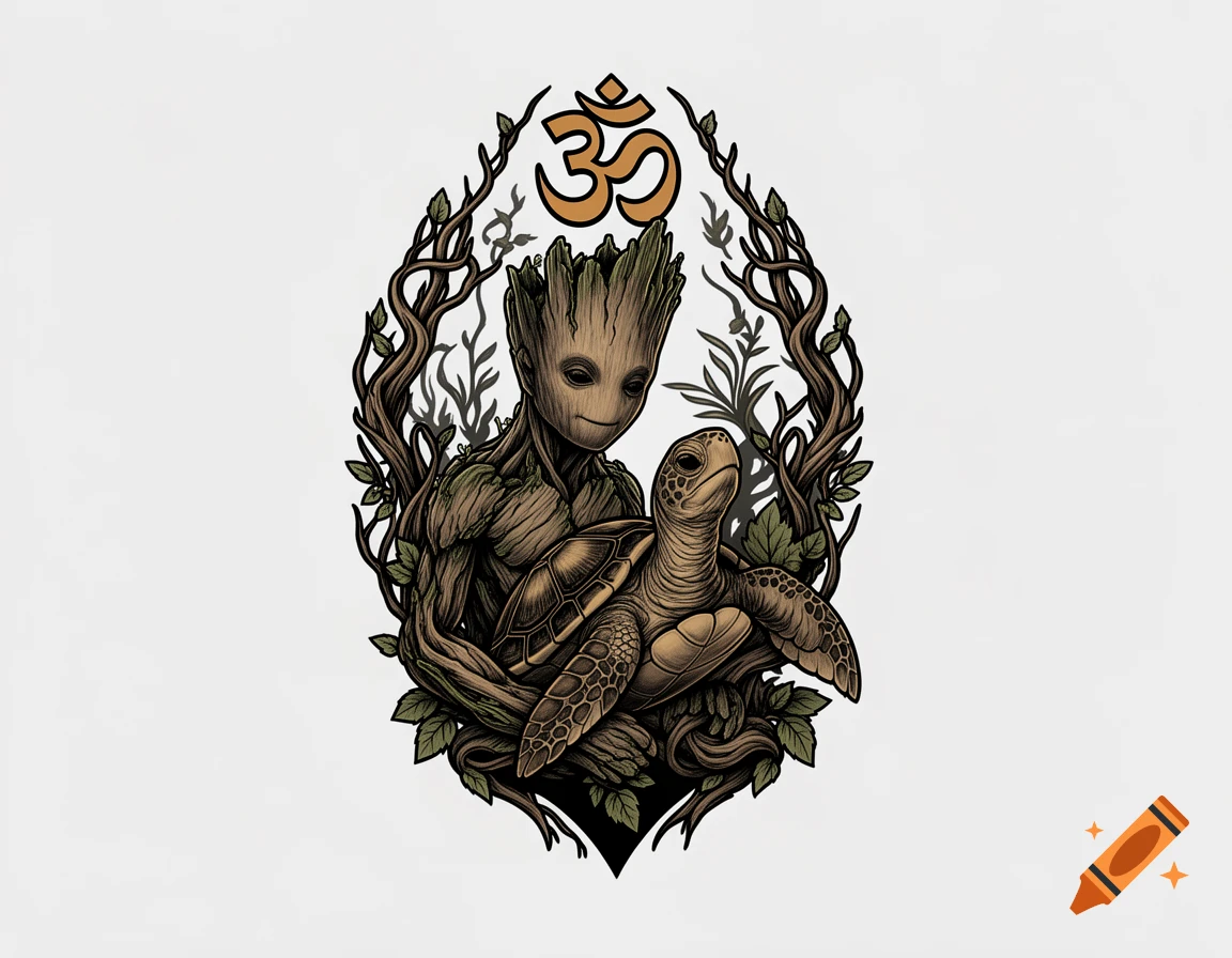Tattoo design of Groot from Guardians of the Galaxy embracing a sea turtle, framed by vines, with an Om symbol above, in a vector style.