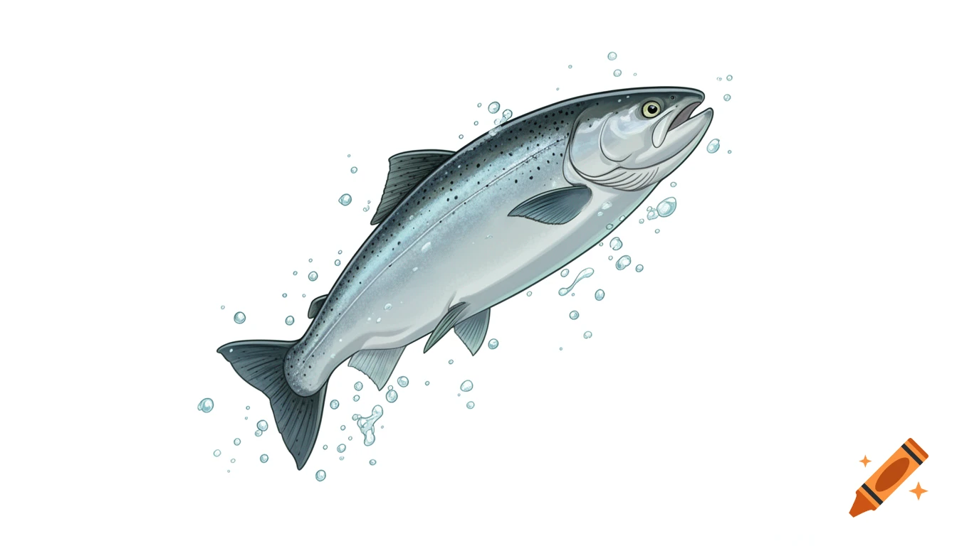 Digital illustration of a sockeye salmon mid-leap surrounded by water droplets on a white background.