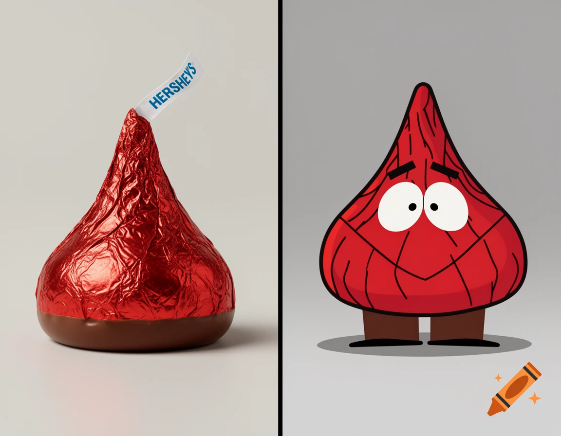 Comparison of a real red foil Hershey's Kiss and a South Park style cartoon character designed to look like a red foil Hershey's Kiss.