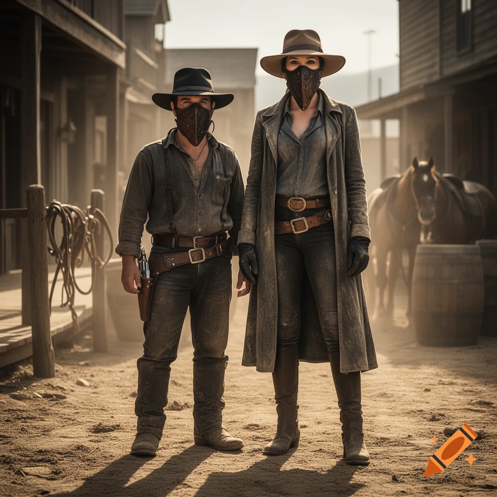 Photorealistic image of a short male and tall female outlaw duo wearing cowboy hats and face bandanas in a dusty western town.
