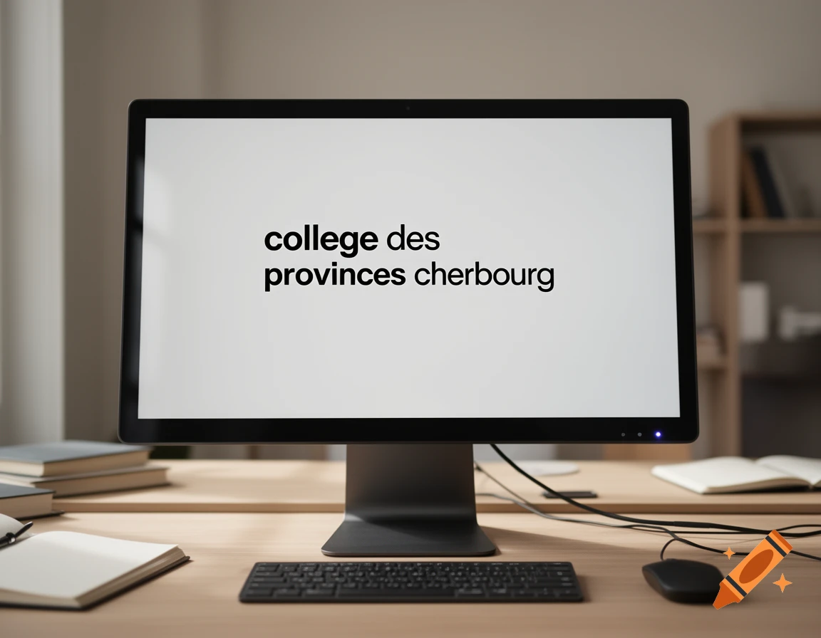 Photorealistic image of a computer monitor on a wooden desk displaying text on its screen.