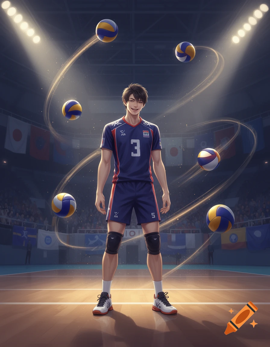 Anime style illustration of a male volleyball player standing on a court surrounded by floating volleyballs and light trails.