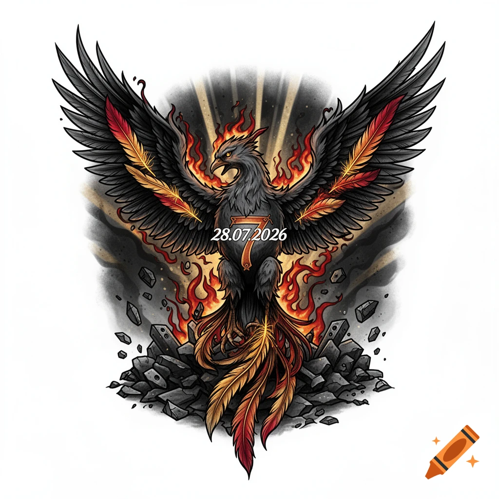Tattoo design of a black and red phoenix rising from fire and rubble, featuring the date 28.07.2026 and number 7.