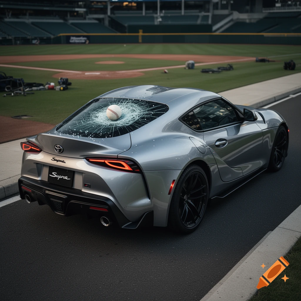 Photorealistic silver Toyota Supra sports car parked near a baseball stadium with a baseball embedded in the shattered rear windshield.