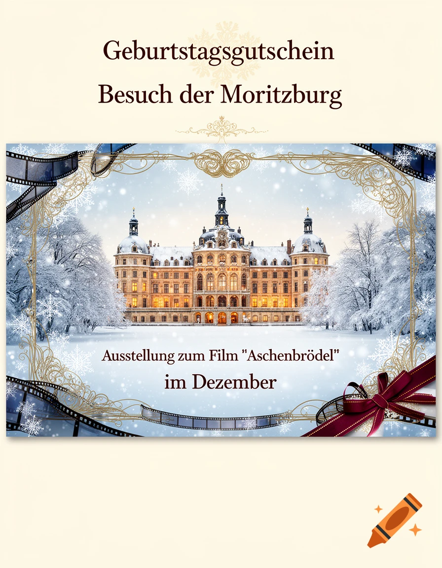Winter voucher card featuring Moritzburg castle in snow with cinematic film borders and festive decorations.