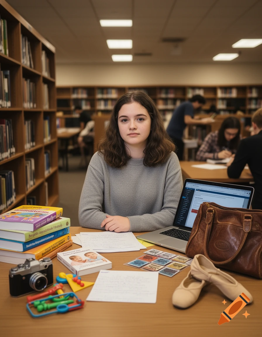 Photorealistic portrait of a young woman sitting at a library table with books, a laptop, and a camera, looking at the camera.