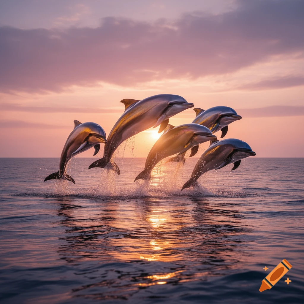 Five dolphins leaping out of the ocean at sunset with warm golden light reflecting on the water.