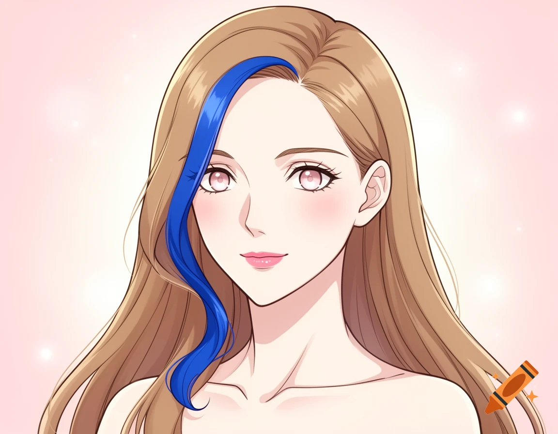 Digital anime style illustration of a woman with long light brown hair and a blue lock of hair framing her face.