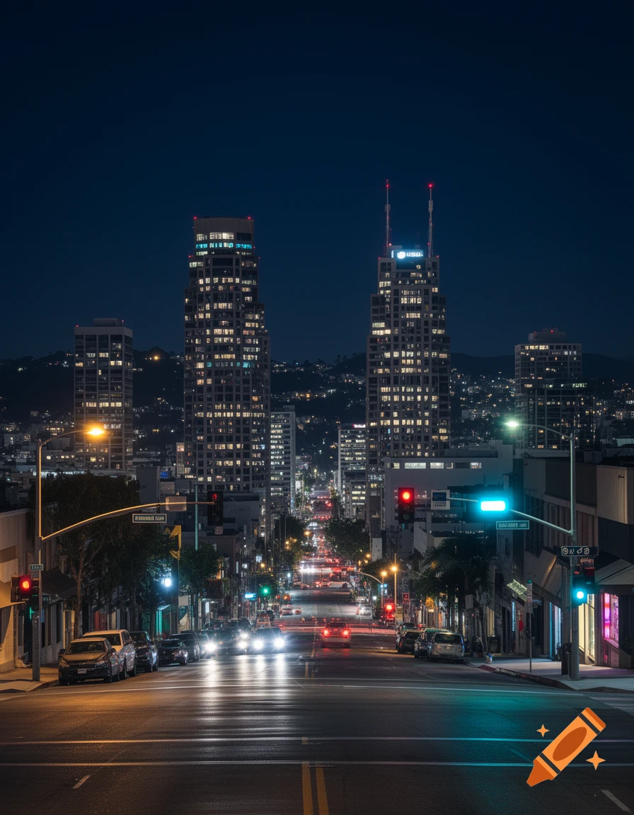 Photorealistic night view down an urban street in Los Angeles, featuring glowing skyscrapers, streetlights, and car traffic.