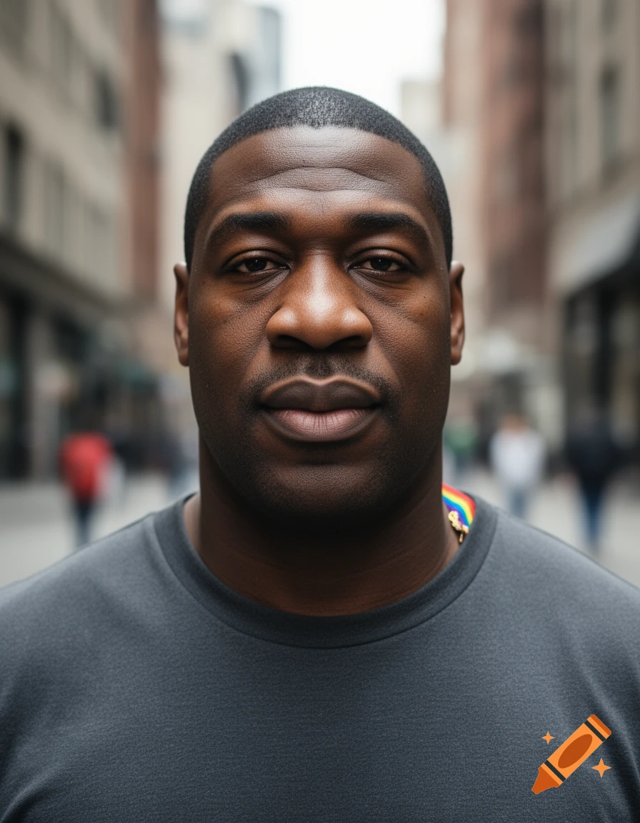 Photorealistic close-up portrait of a Black man with short hair and a dark shirt standing on a city street.