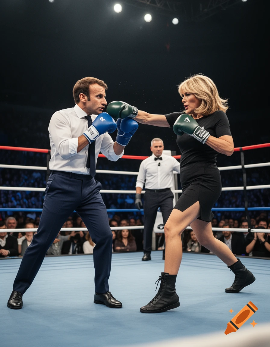 Photorealistic image of Emmanuel Macron and Brigitte Macron boxing in a ring with a referee.