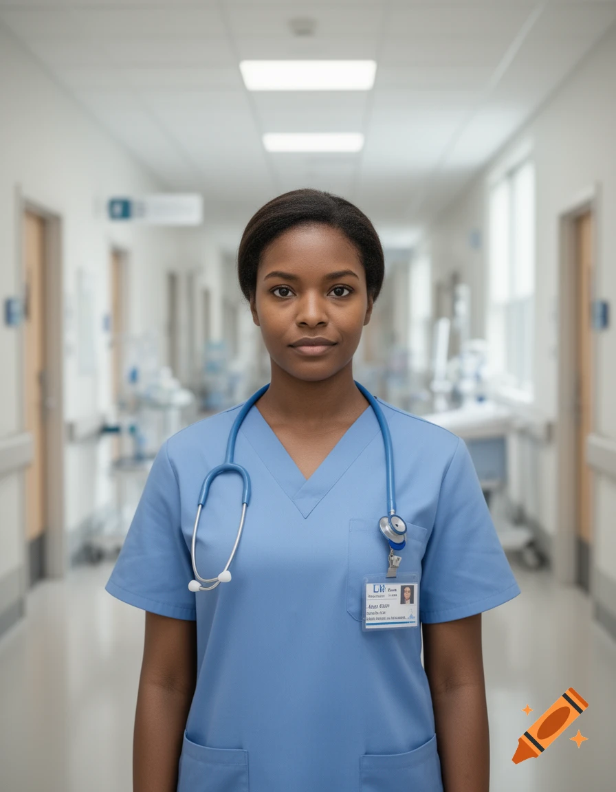 Photorealistic portrait of a female nurse in a blue scrubs uniform with a stethoscope, standing in a hospital hallway.