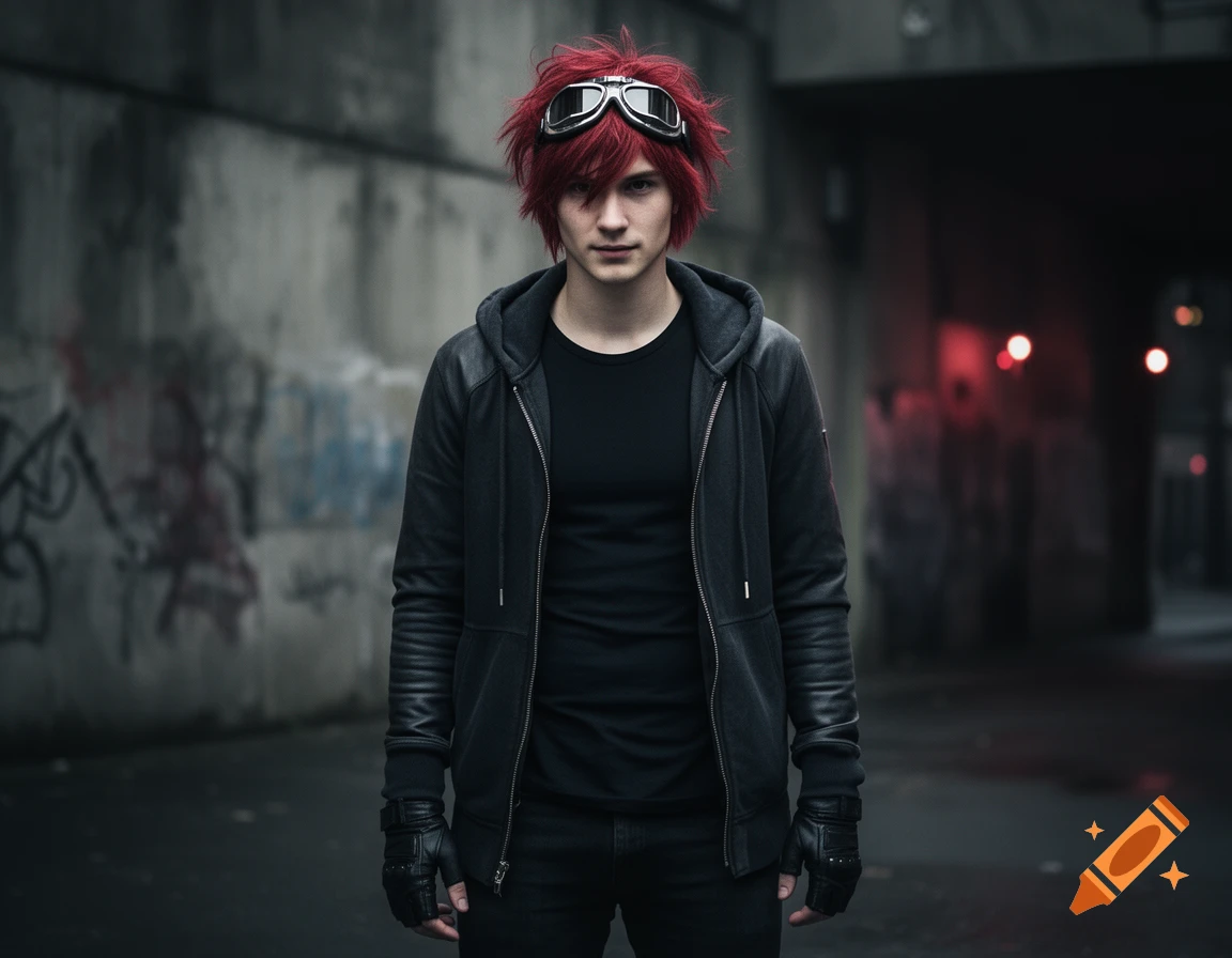 Realistic portrait of a young man with messy red hair and goggles, wearing a black hoodie and gloves in a gritty alleyway.