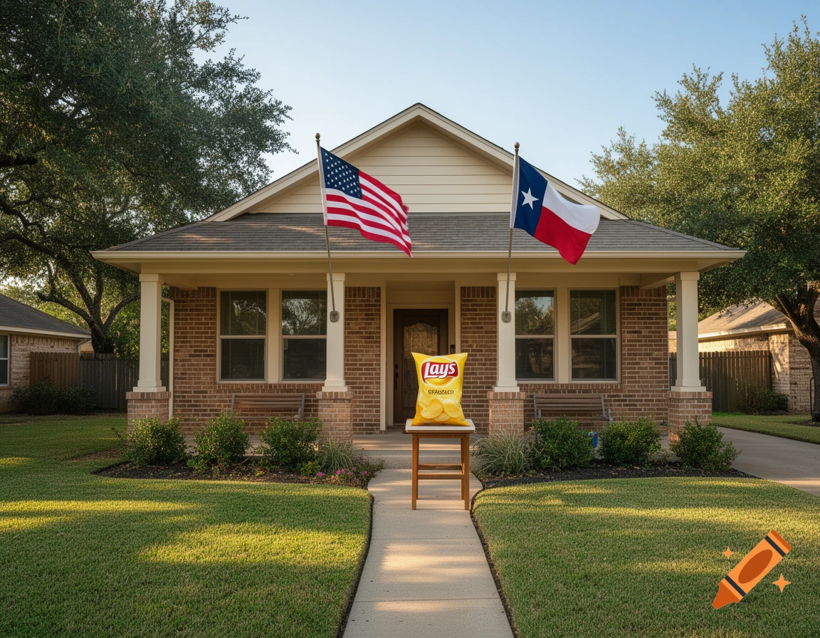 Photorealistic suburban brick house with an American flag, Texas state flag, and a bag of Lay's chips on a table.