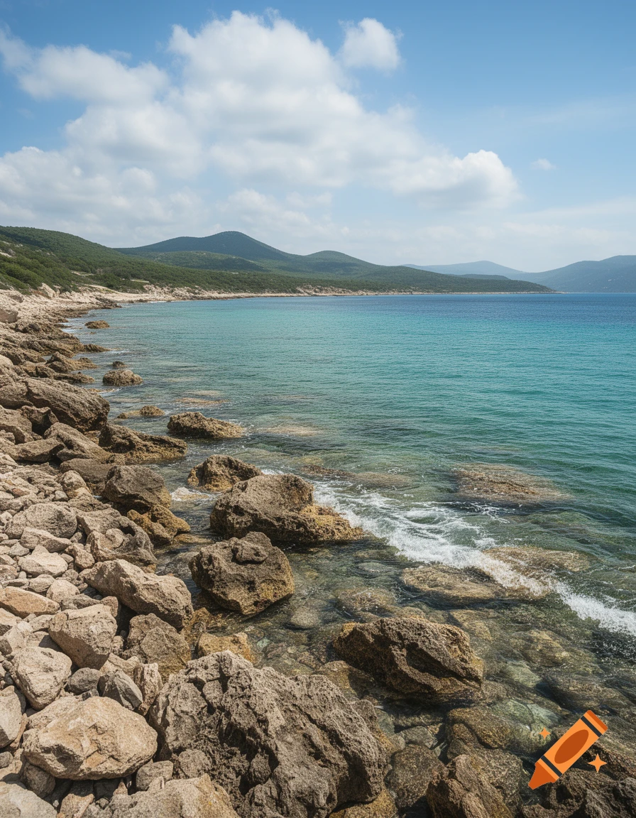 Photorealistic view of a rocky shoreline and clear turquoise sea under a blue sky with scattered clouds.