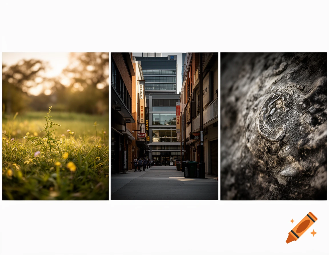 A triptych of three photographs showing a grassy field at sunset, a city street between tall buildings, and a close-up of a textured rock.
