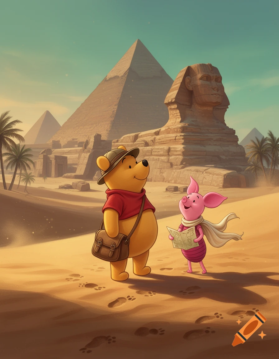 Winnie the Pooh and Piglet in explorer outfits standing in a desert in front of the Great Pyramids and the Sphinx, digital illustration style.