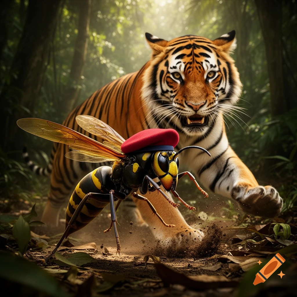 Photorealistic image of a large hornet wearing a red beret attacking a snarling tiger in a lush jungle.