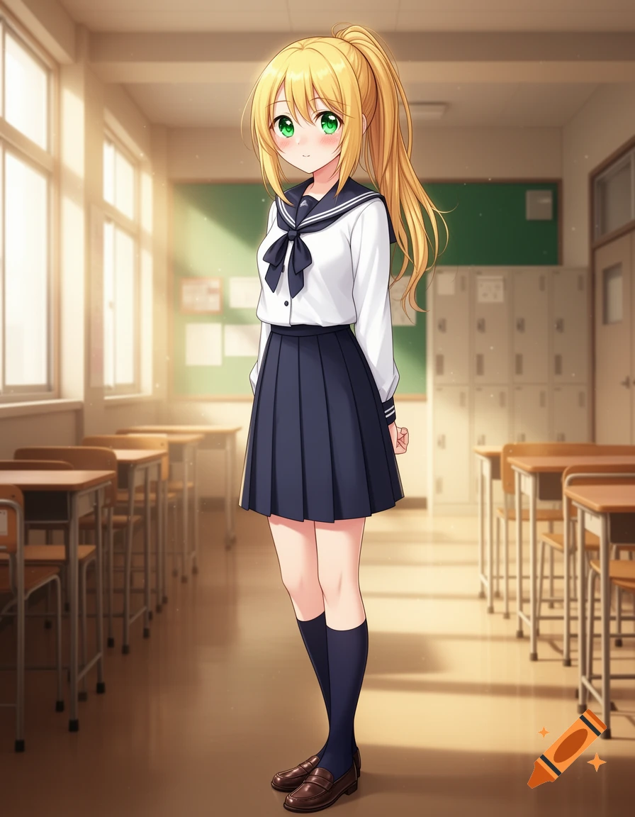 An anime schoolgirl with blonde hair in a ponytail and green eyes standing in a classroom.