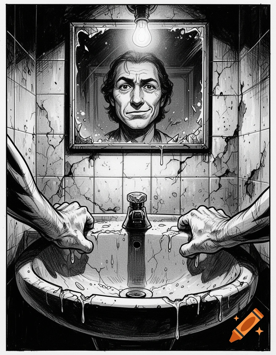 Gritty black-and-white comic book illustration of a man staring at his reflection in a cracked bathroom mirror with hands gripping the sink.
