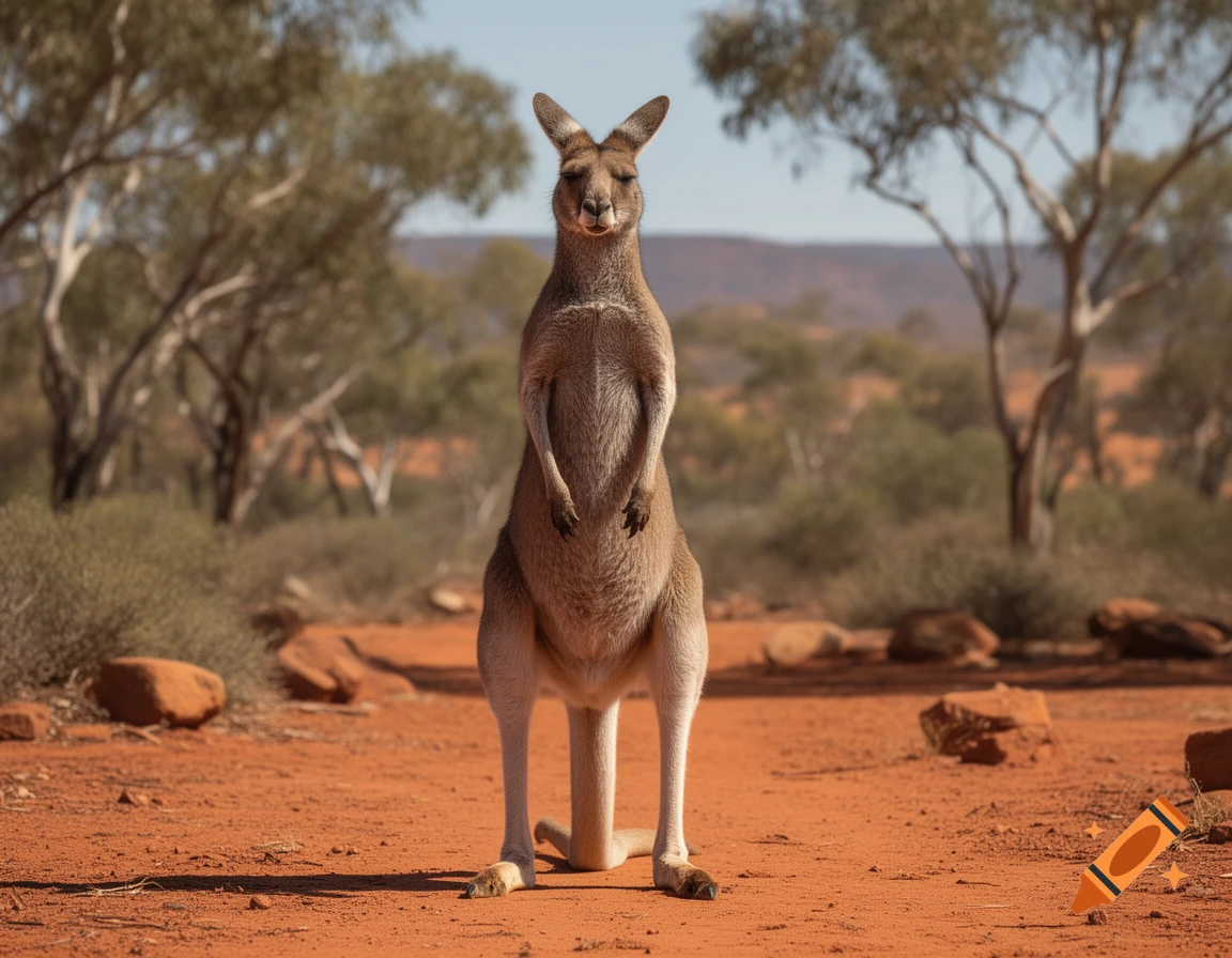 Photorealistic kangaroo standing upright in an Australian outback desert landscape with sparse trees.