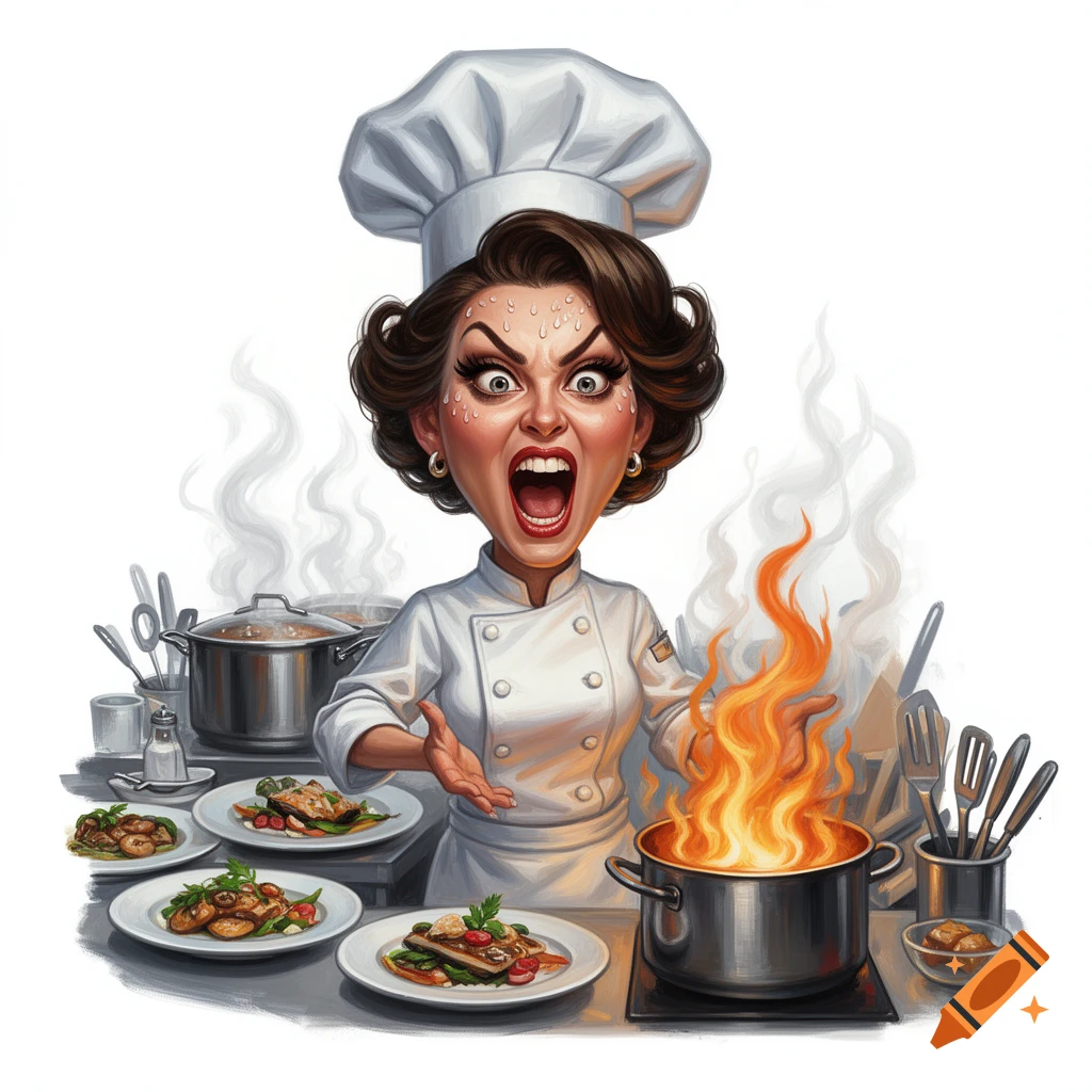 Caricature of a frantic female head chef in a white uniform shouting with sweat on her forehead, surrounded by dishes and flames from a pot in a kitchen.