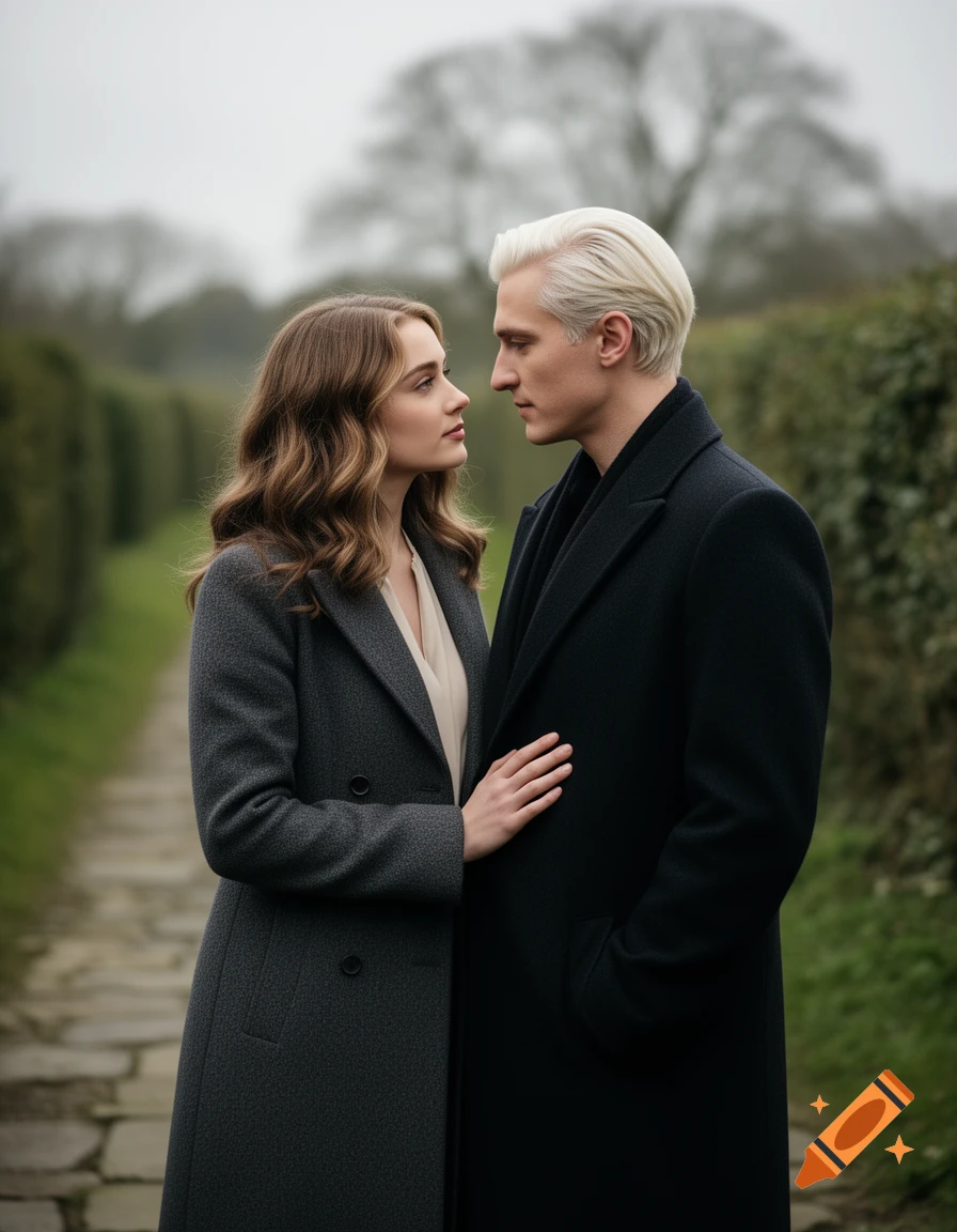 Photorealistic portrait of a young woman with wavy brown hair and a man with white-blonde hair in long coats looking at each other outdoors.