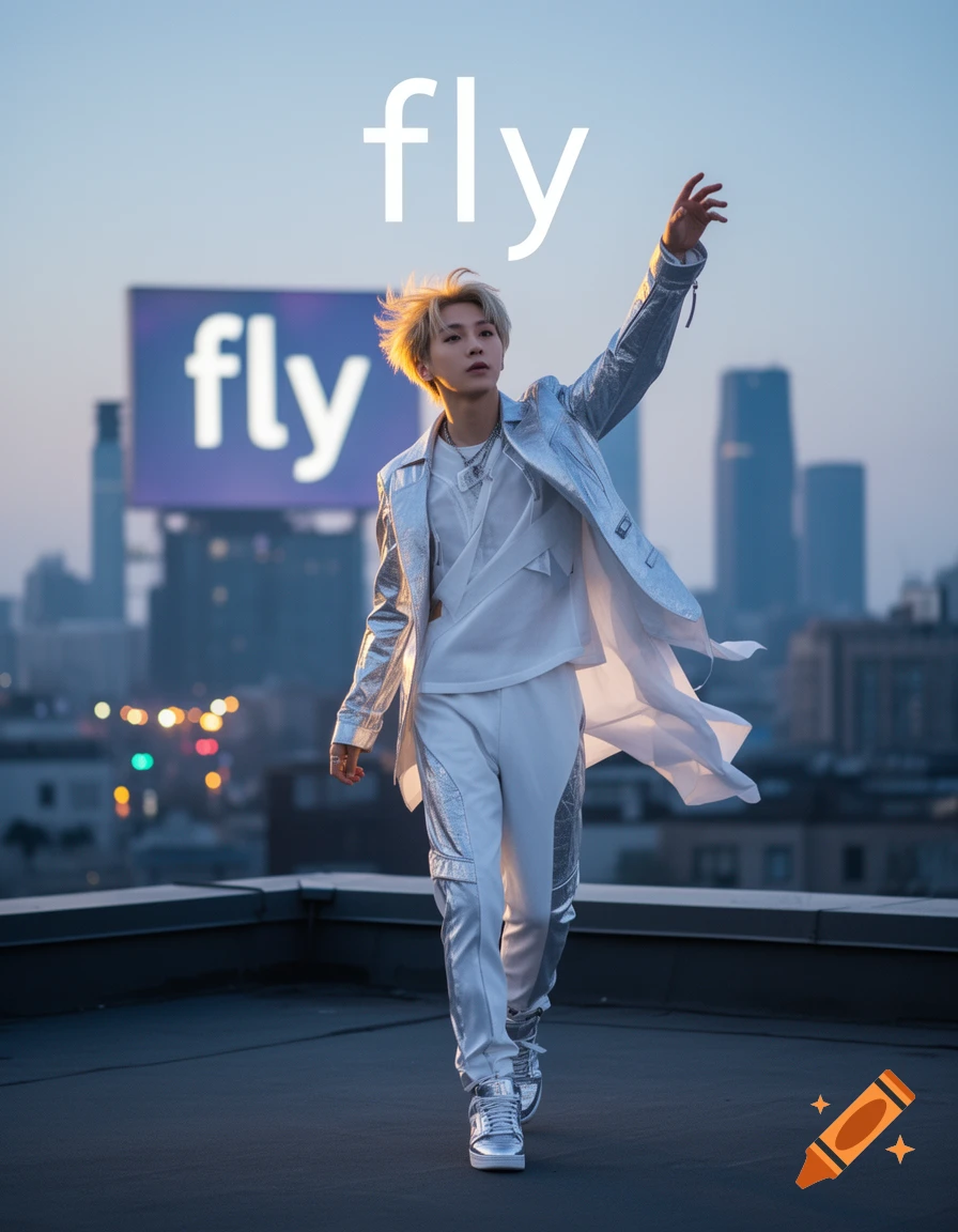 K-pop style male idol in silver metallic jacket walking on rooftop at sunset with 'fly' text overhead, photorealistic