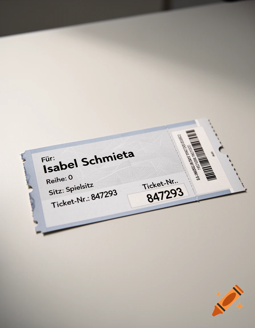 Close-up photorealistic shot of a light blue admission ticket for Isabel Schmieta resting on a white surface.