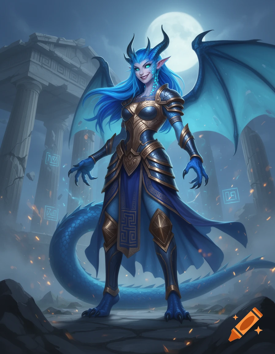 Digital illustration of a blue-skinned humanoid dragon woman with horns and wings standing in front of ruined ancient Greek columns.
