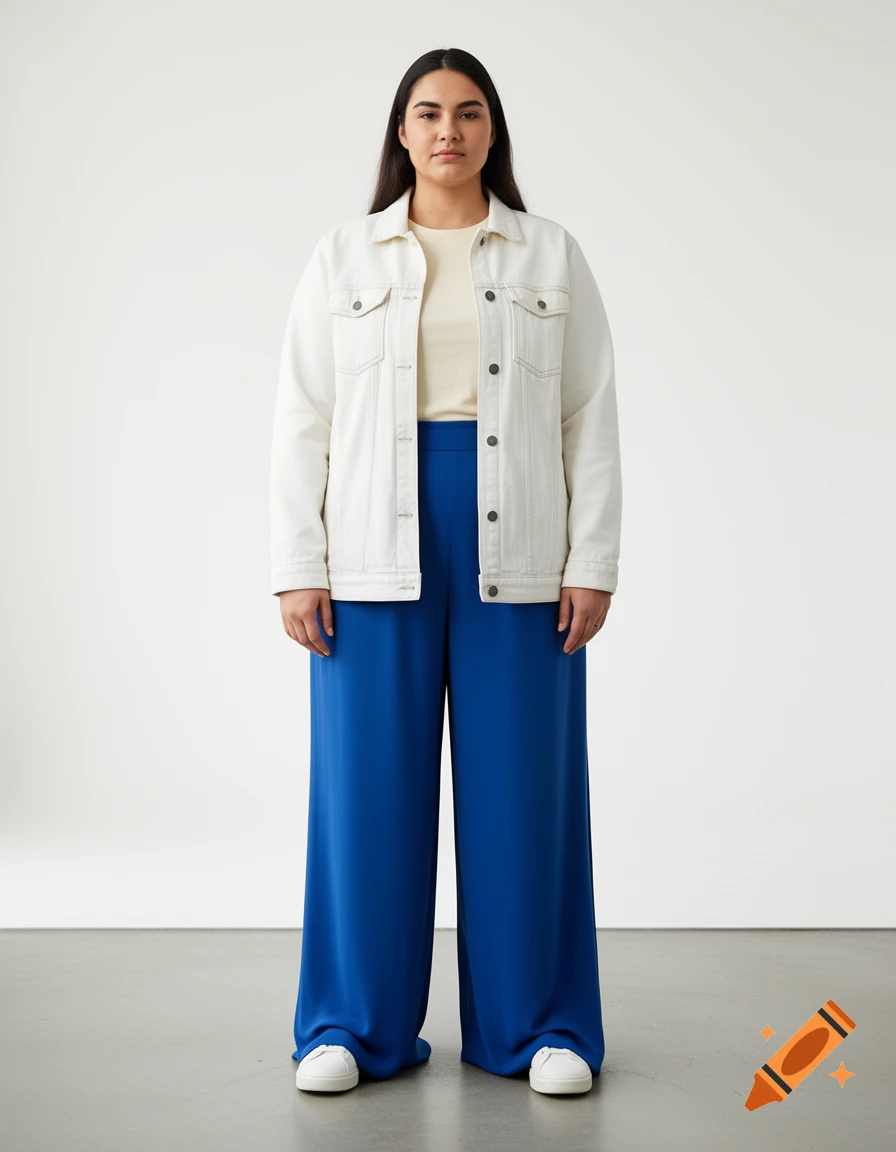 Full-body studio fashion photo of a curvy woman wearing a white denim jacket, cream t-shirt, blue wide-leg trousers, and white sneakers.