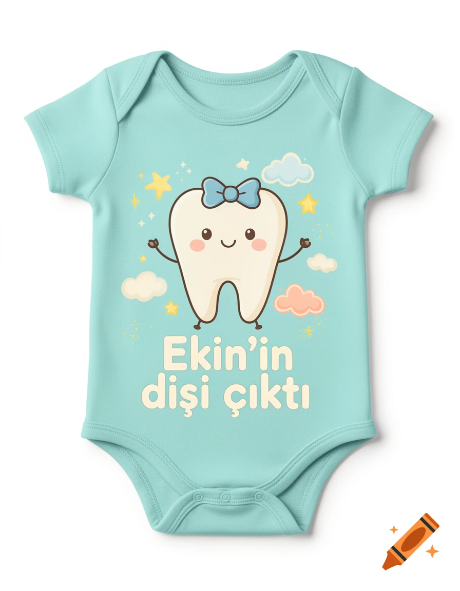 Light blue baby bodysuit featuring a cute cartoon tooth character with a bow and the text 'Ekin'in dişi çıktı'.