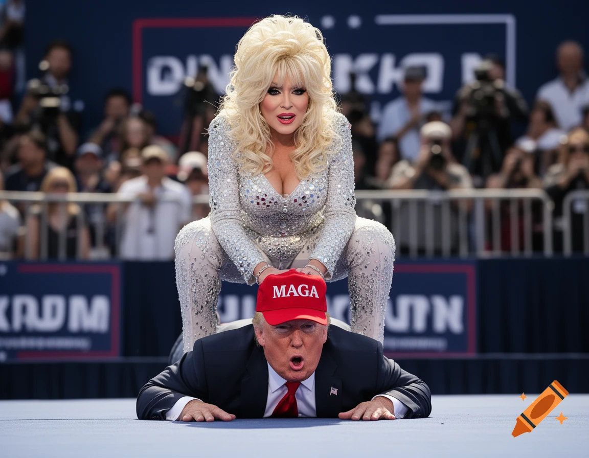 Photorealistic image of a woman resembling Dolly Parton squatting over Donald Trump who is wearing a MAGA hat.