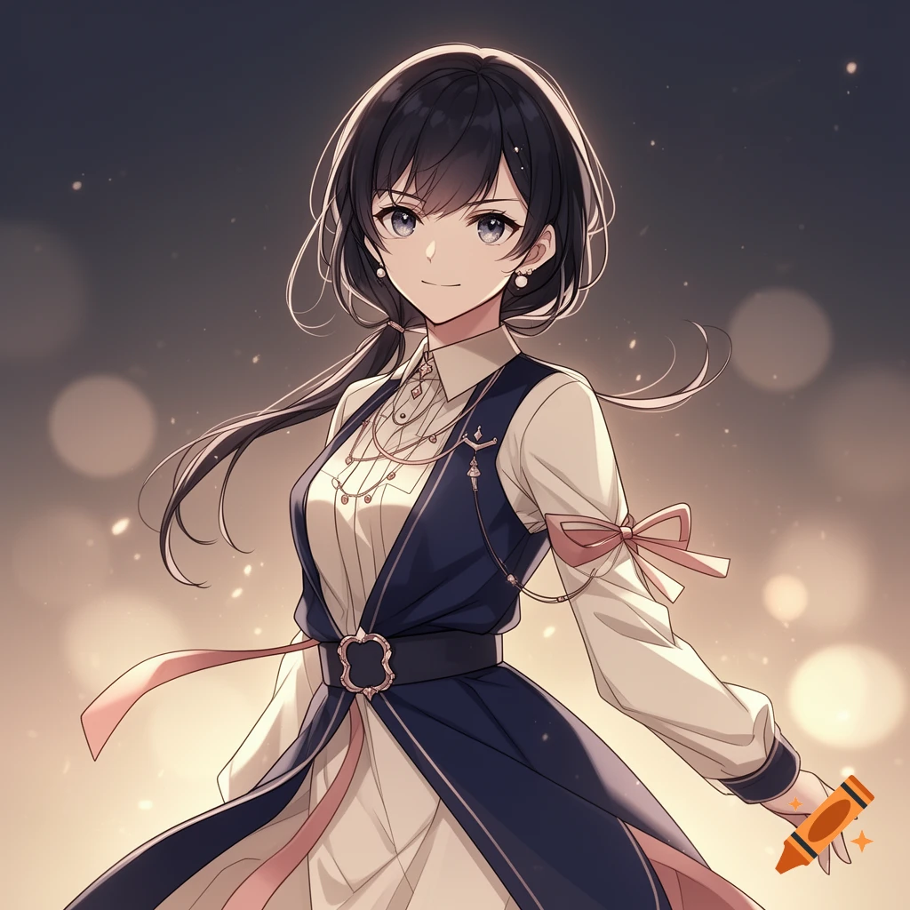 Anime style illustration of a young woman with dark hair, wearing a white blouse and a blue vest with ribbons.