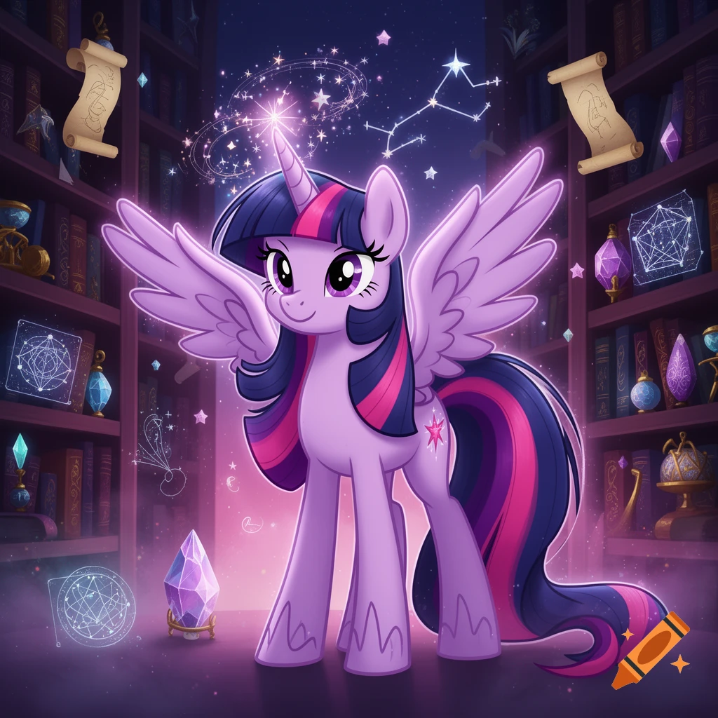 Twilight Sparkle the purple alicorn pony with a starry mane standing in a magical library filled with books and scrolls.