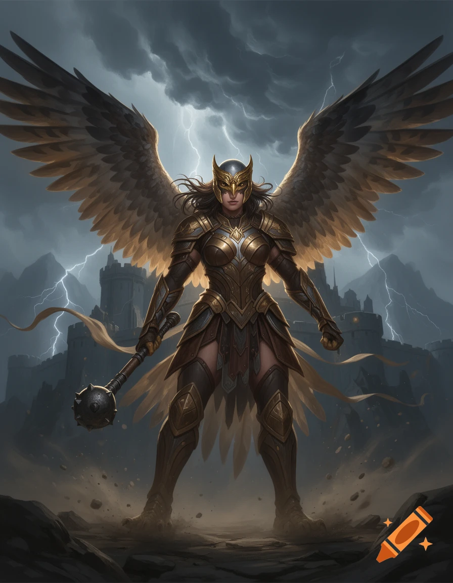 Digital illustration of a female warrior in ornate armor with large wings and a mace, standing before a castle under a stormy sky.