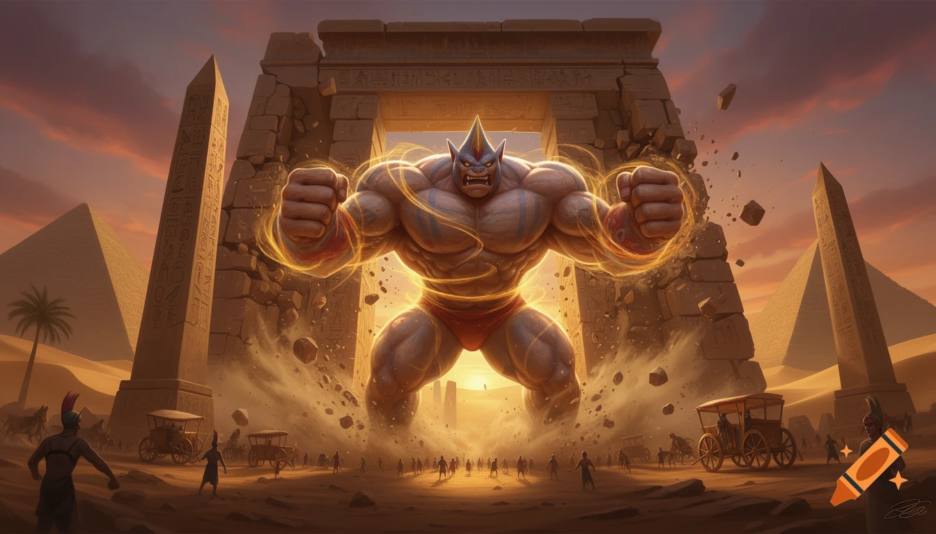 A giant muscular blue monster with a yellow horn standing in front of ancient Egyptian ruins and pyramids.