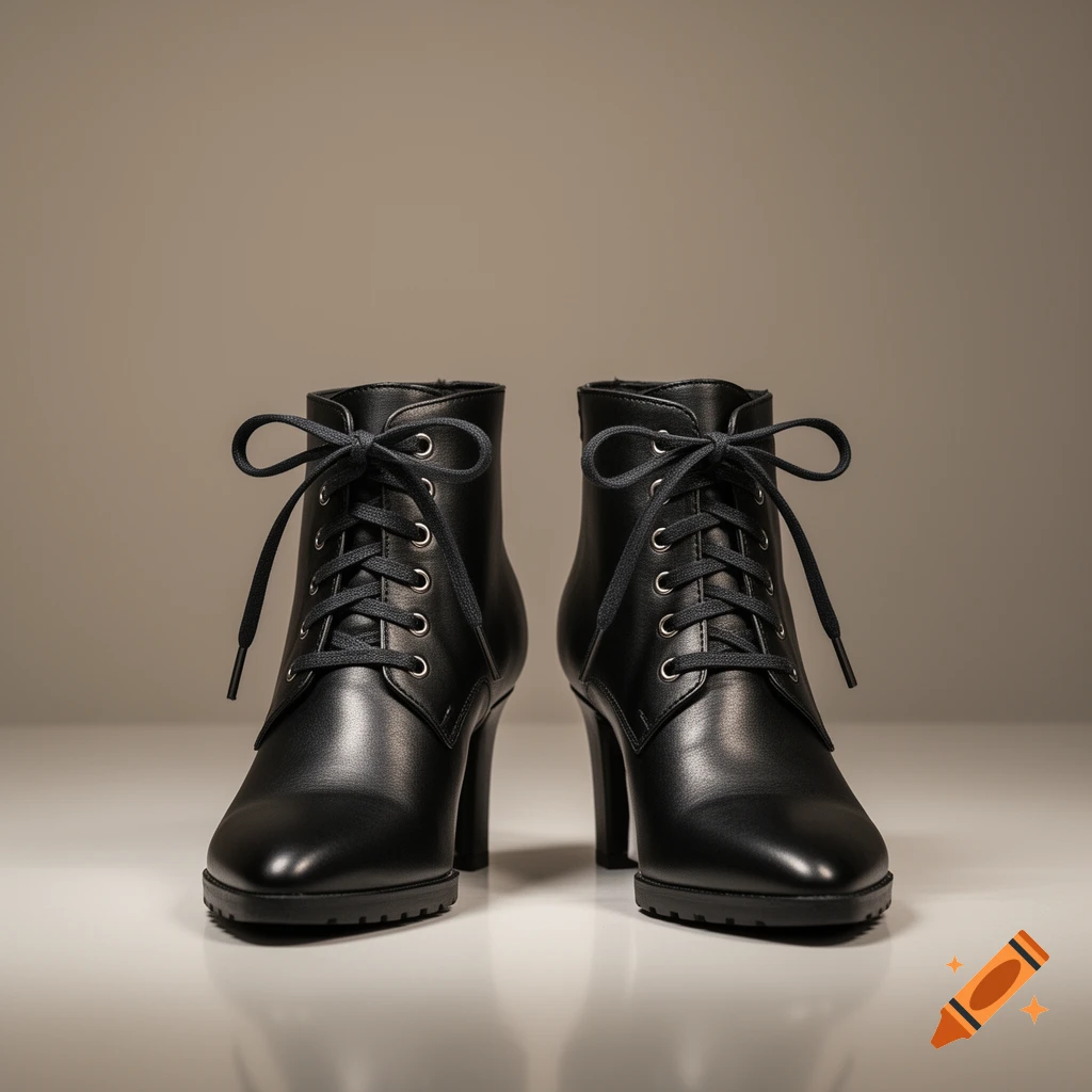 A pair of black heeled ankle boots with ribbon laces displayed on a neutral background.