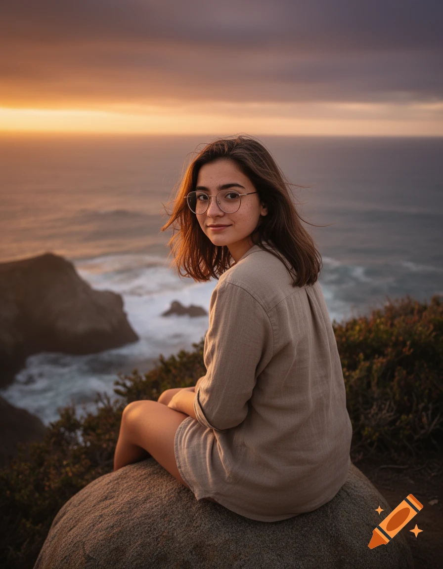 Photorealistic portrait of a young woman with glasses sitting on a boulder by the coast during sunset.