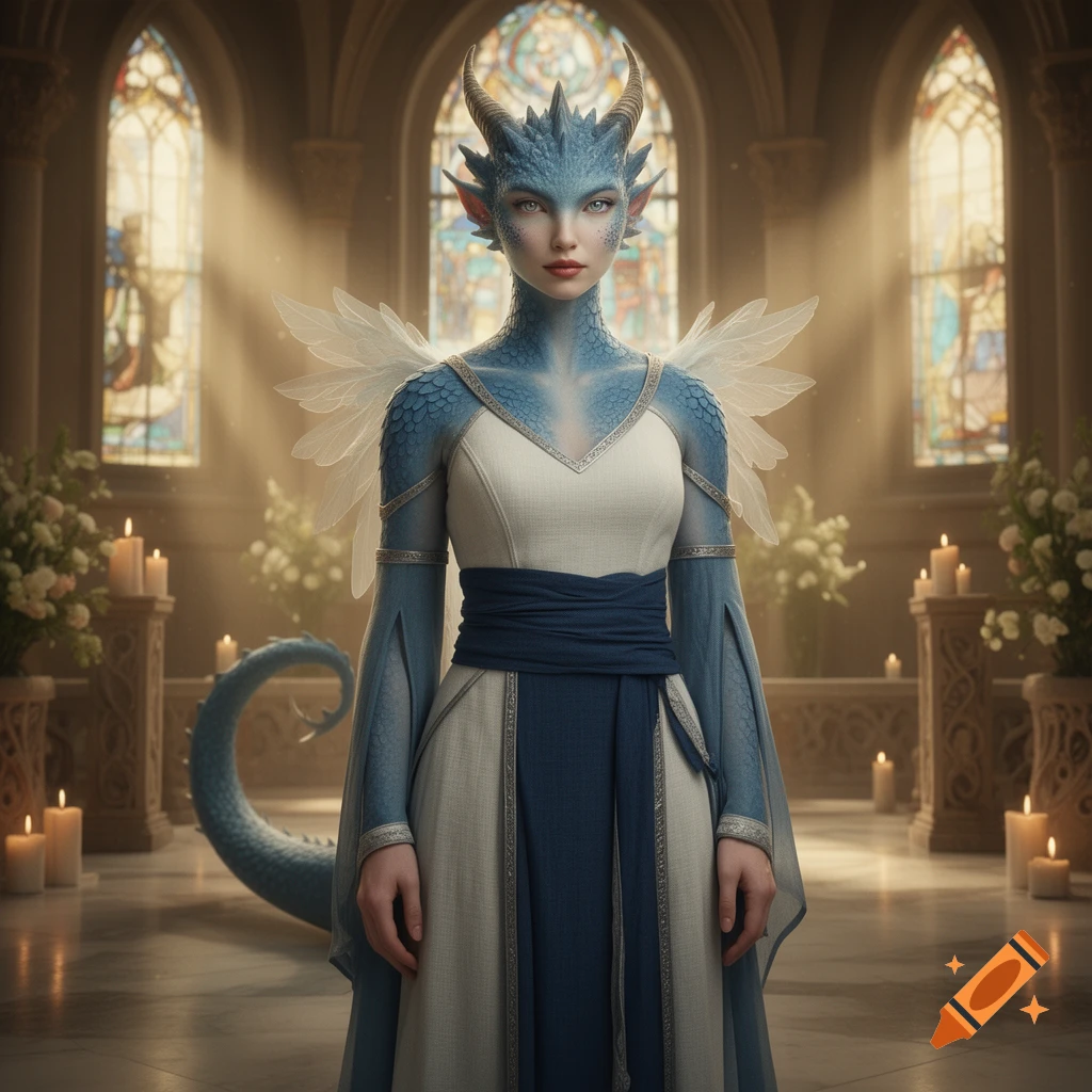 Photorealistic portrait of a female dragon humanoid with blue scales, horns, small wings, and a tail, wearing a white and blue dress inside a holy cathedral.