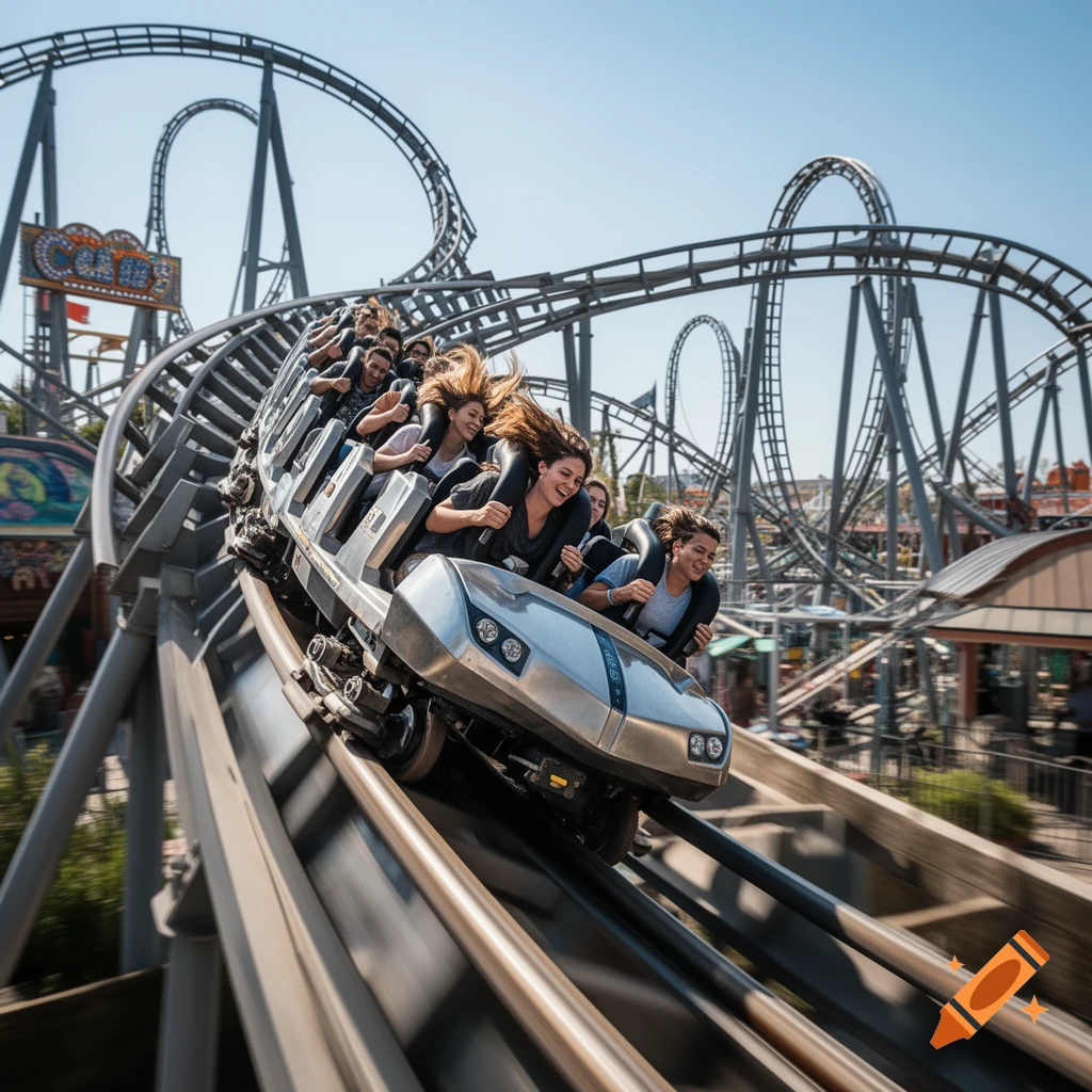 People riding a roller coaster on a sunny day with tracks looping in the background, photorealistic style.