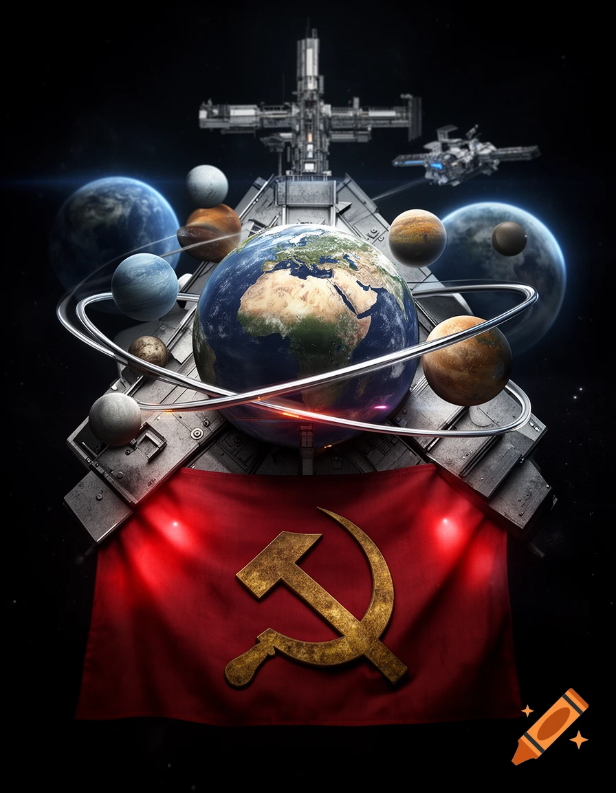 Futuristic space station surrounding a globe, with a large red communist hammer and sickle flag in the foreground.