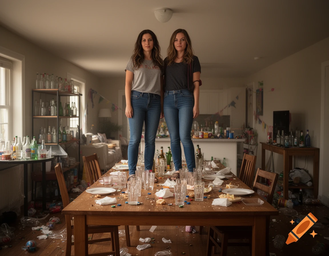 Photorealistic image of two young women standing on a wooden dining table in a messy living room filled with empty glasses and bottles after a party.