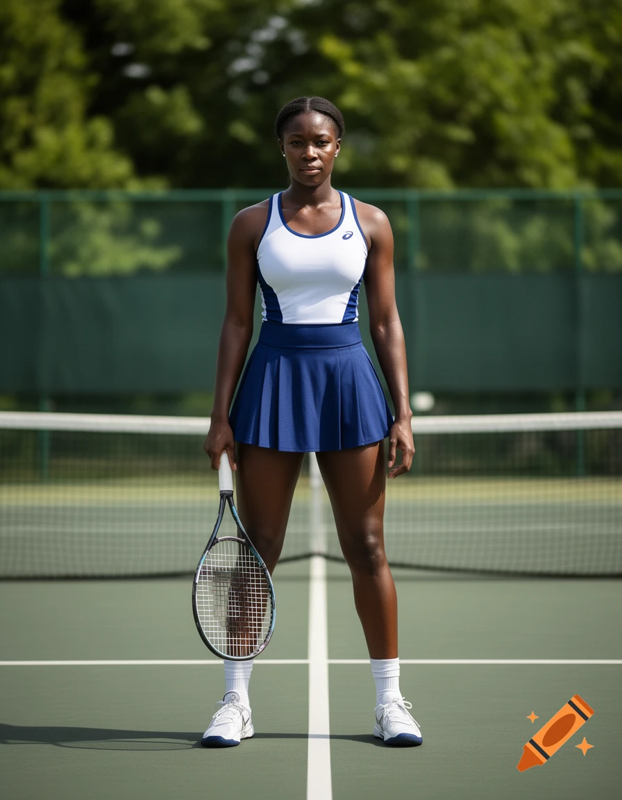 Photorealistic full-body portrait of a Black female tennis player standing on a tennis court holding a racket.